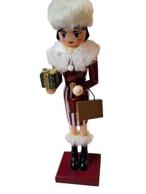 Festive Nutcracker Figurine Woman Holding Gift Bags Fur Accents 12" Tall North P